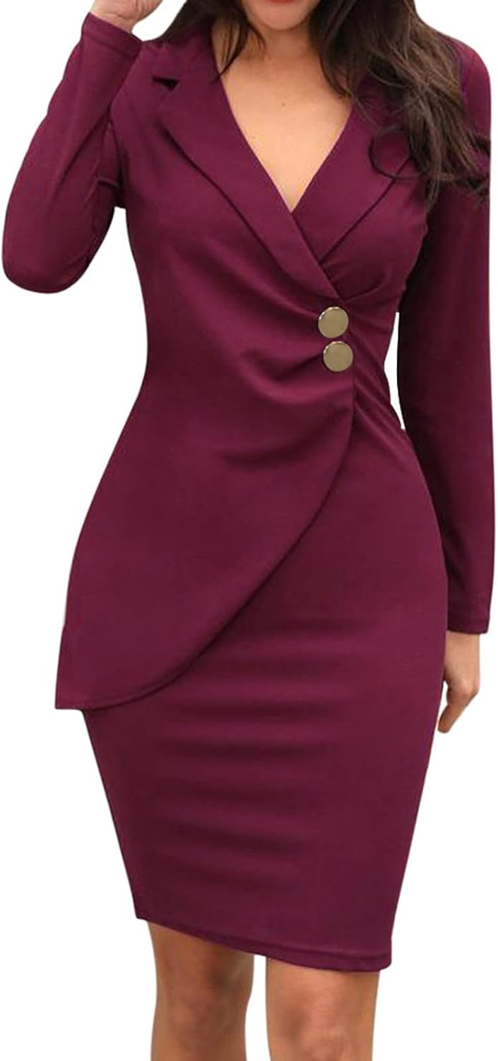 Casual Dresses for Women Solid Color Collared Long Sleeve Button Down Pencil Dress Office Work Dress for Women