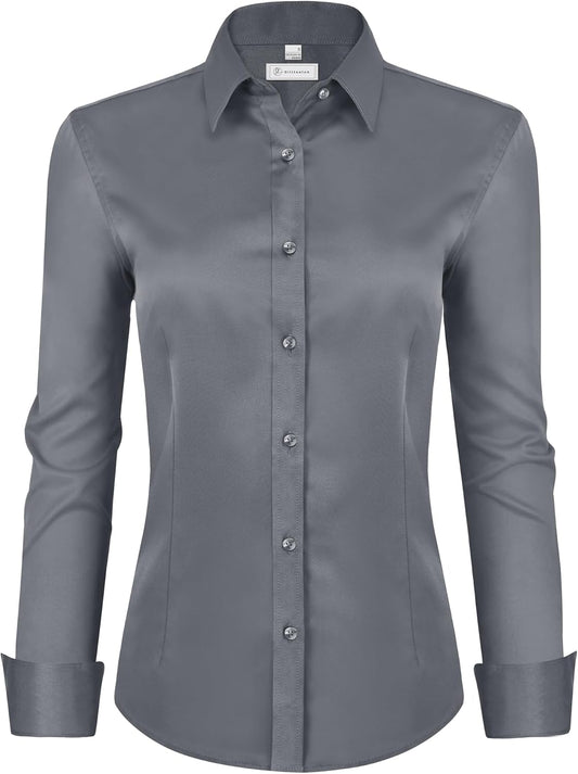 siliteelon Womens Classic-Fit Dress Shirts Long Sleeve Button Down Wrinkle-Free Stretch Solid Casual Work Office Blouse Top