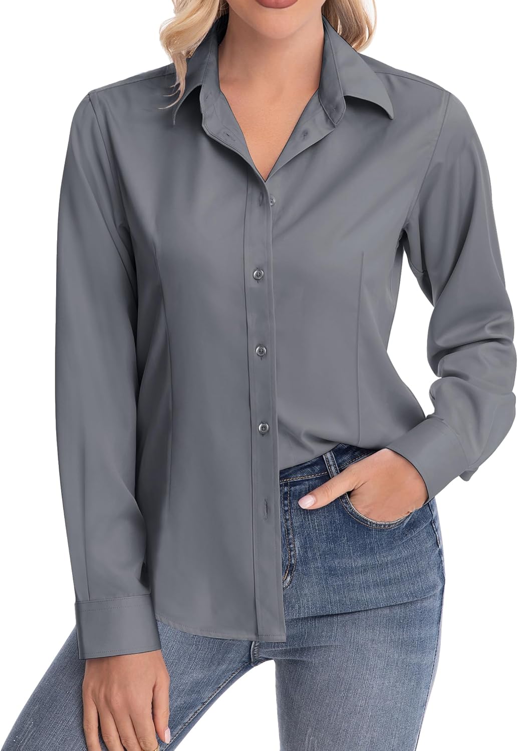 siliteelon Womens Classic-Fit Dress Shirts Long Sleeve Button Down Wrinkle-Free Stretch Solid Casual Work Office Blouse Top